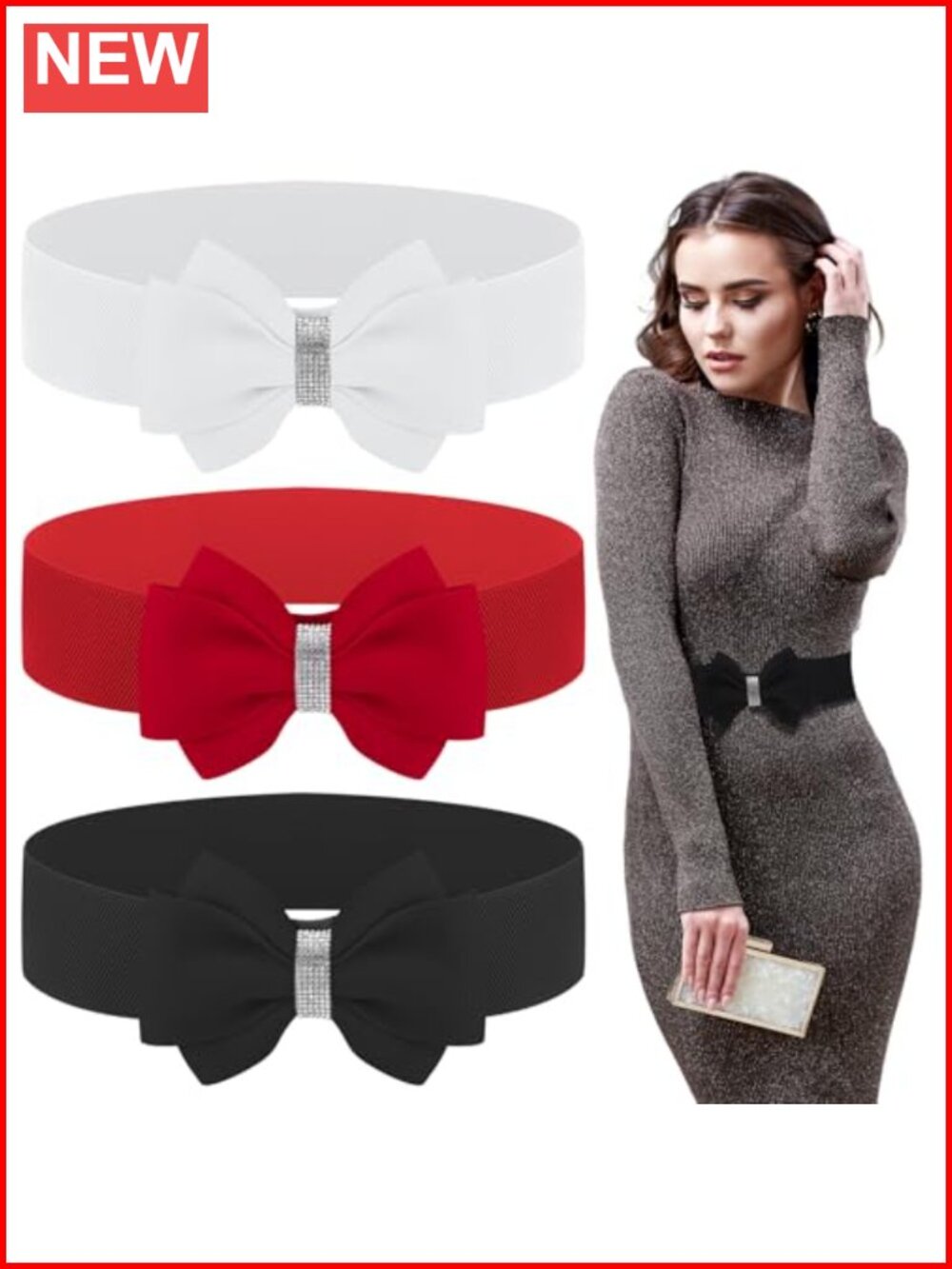 Set of 3 Elastic Bow Belts for Women Cotton Waist Accessories